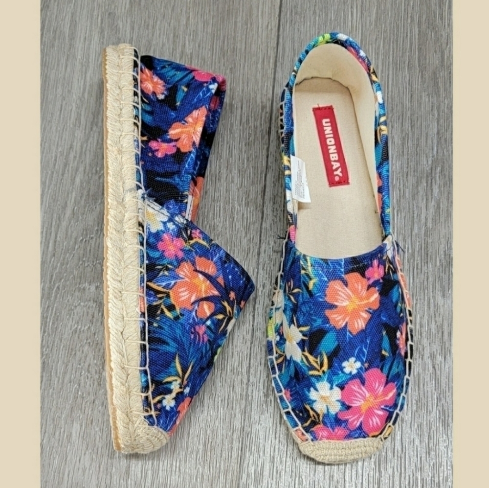 UNIONBAY Fannie-U Floral Espadrille Navy Blue Slip on Flats Shoes